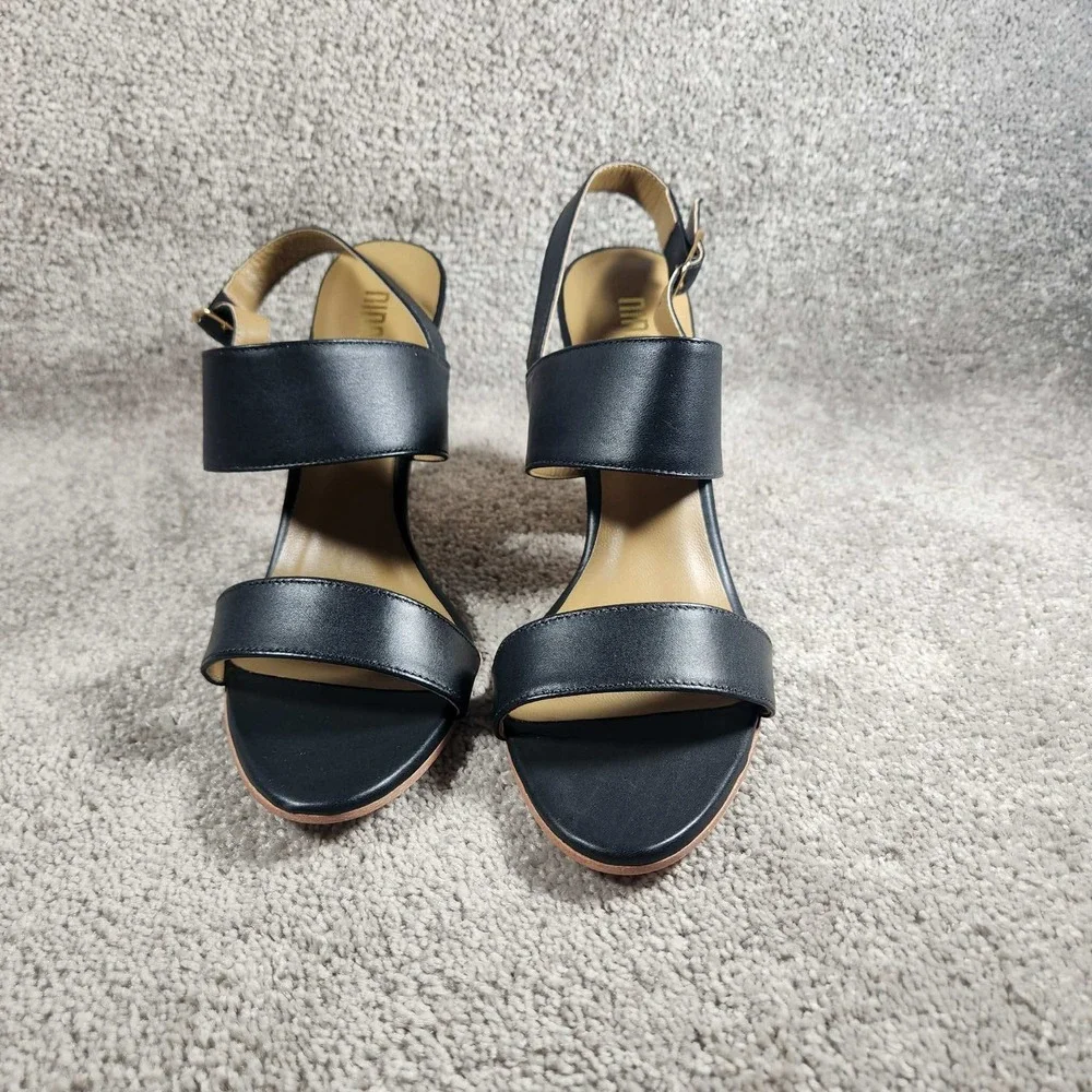 Nina Payne Elena Sandals Black Leather Striped Wood Block Heel Womens 40 (9.5)